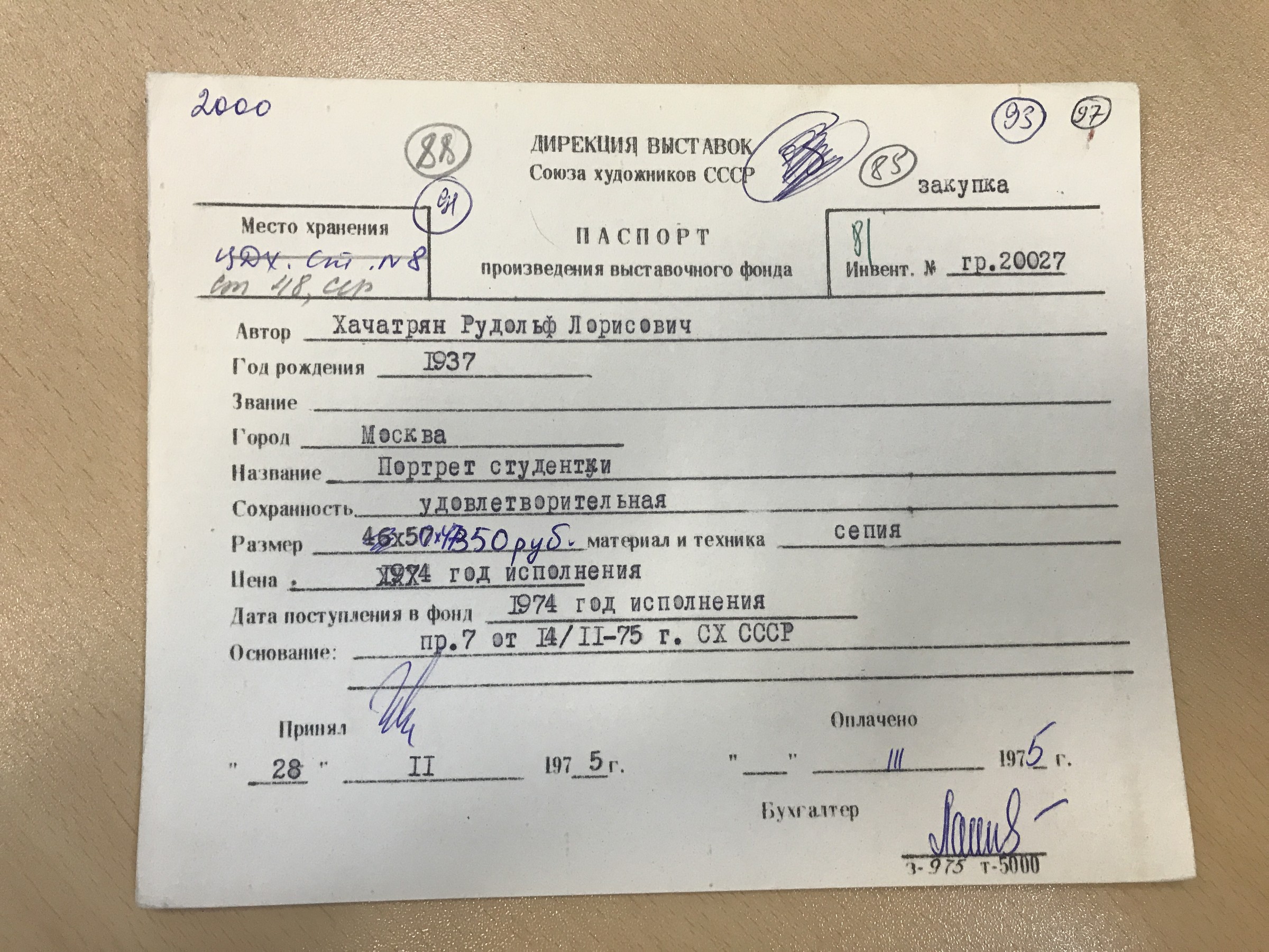 Учётная карточка ВХПО / паспорт работы «Портрет студентки»
