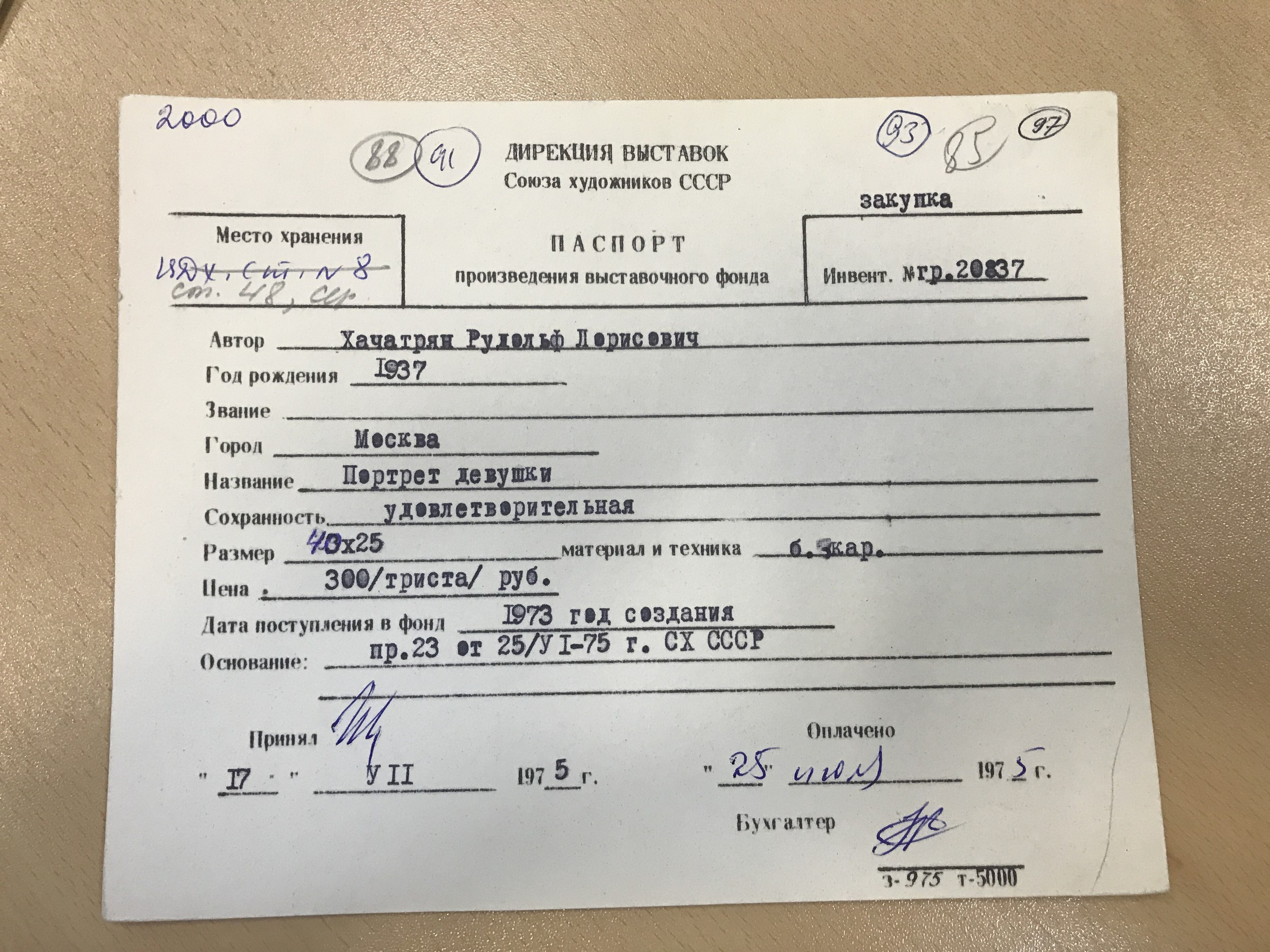 Учётная карточка ВХПО / паспорт работы «Портрет девушки»