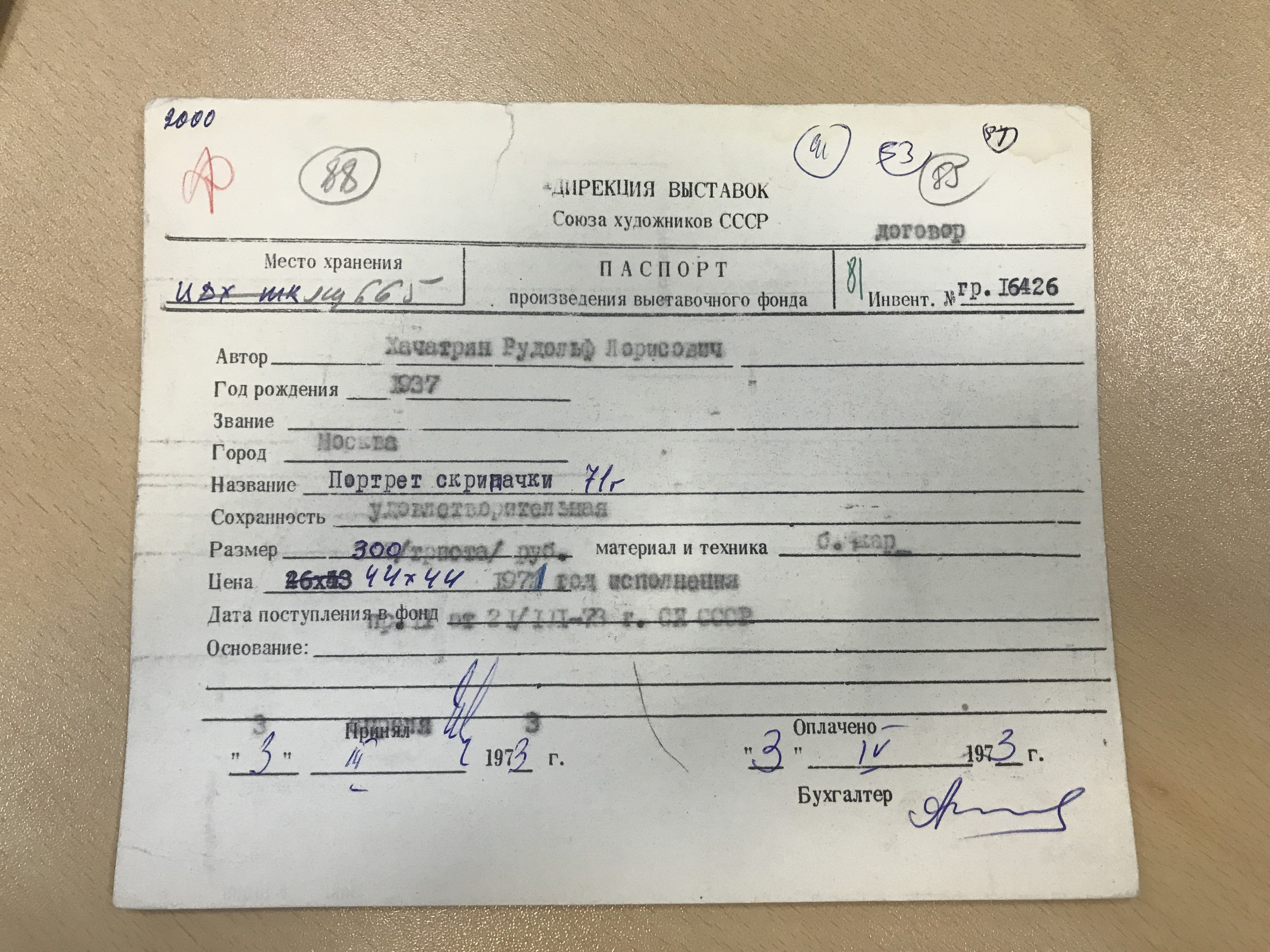 Учётная карточка ВХПО / паспорт работы «Портрет скрипачки 1971»