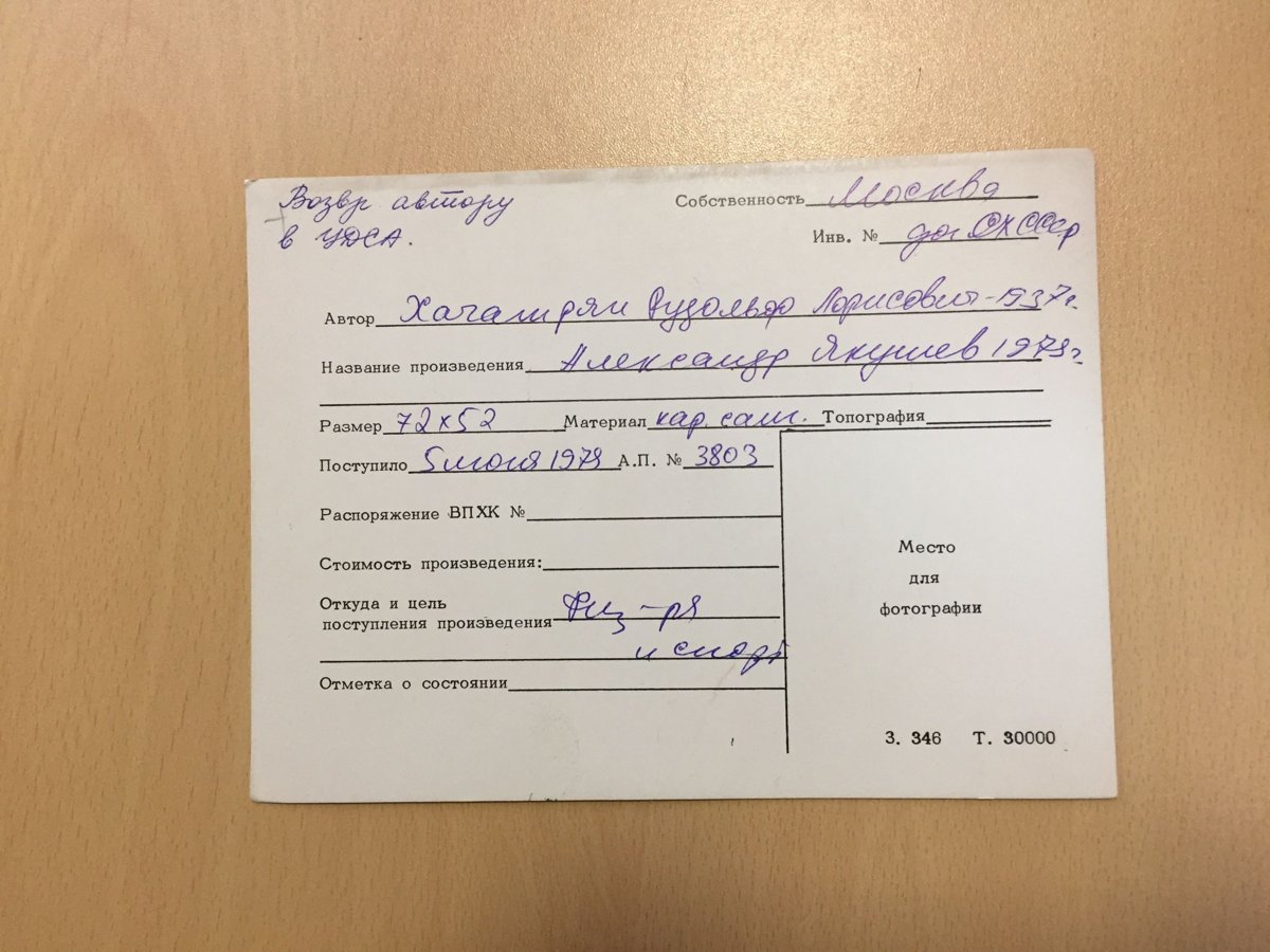 стр. 98 · RKh-Doc-0085 · Учётная карточка ВХПО / паспорт работы «Портрет Александра Якушева»